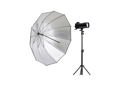 Large octagonal photography umbrella with silver interior lighting modifier, isolated on a transparent background