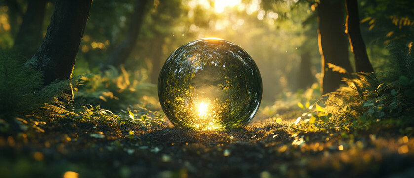 A crystal ball in the forest reflects sunlight and trees—suitable for themes of nature magic, meditation, and mystical stories.