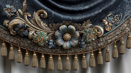 Luxurious floral curtain design with tassels high resolution image