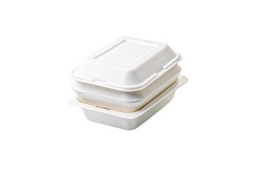 Stack of white disposable takeout containers with hinged lids for food service, isolated on a transparent background