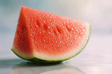 Juicy watermelon wedge covered with water drops, isolated on a white background. Fresh summer fruit close-up, minimal studio composition, perfect for healthy eating and advertising.