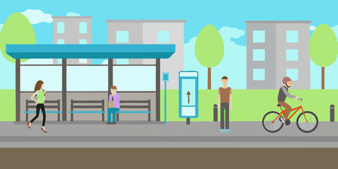 People waiting at a bus stop and a cyclist passing by in a modern city illustration