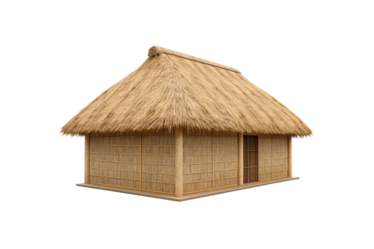 Traditional thatched roof hut with natural straw covering and bamboo wall construction, isolated on a transparent background