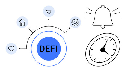Centralized DEFI label surrounded by icons for home, shopping, settings, notifications, and time, symbolizing financial technology. Ideal for finance, fintech, investment decentralization
