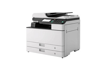 Modern multifunction office printer copier scanner, white and black design, professional business equipment, isolated on a transparent background