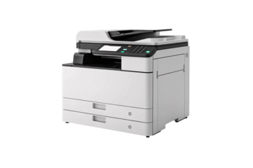 Modern multifunction office printer copier scanner, white and black design, professional business equipment, isolated on a transparent background