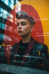 Contemplative Young Woman in Chic Black Leather Jacket Framed by Bold Red and Yellow Urban Art
