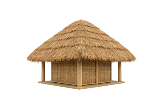 Round traditional hut with conical thatched roof, bamboo walls, elevated wooden base, rustic dwelling, isolated on a transparent background