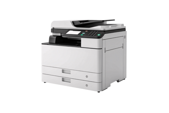 Modern multifunction office printer copier scanner, white and black design, professional business equipment, isolated on a transparent background