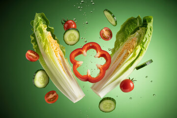 Fresh and Vibrant Salad Ingredients Floating in Heart Shape with Green Background