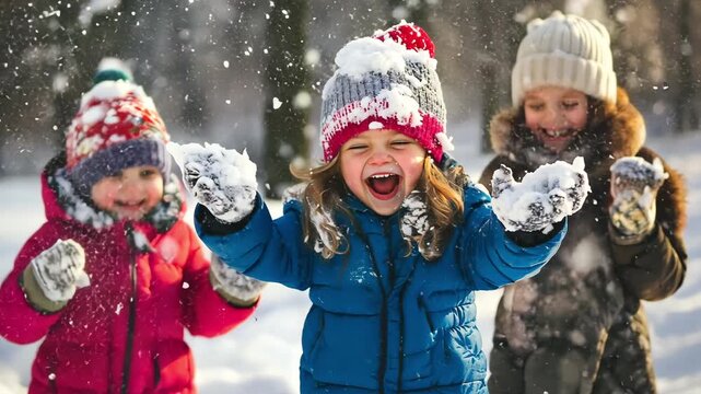 Children are enjoying winter fun making snowballs and throwing snow while celebrating the holiday season in a snowy landscape