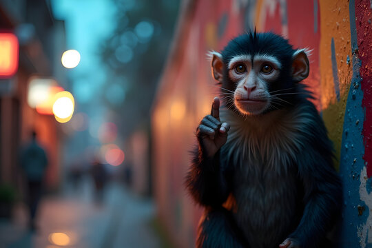 Curious monkey in a vibrant urban alley at dusk with bokeh lights
