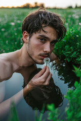 Introspective Young Man Reflecting in Tranquil Waters While Holding a Dandelion in a Lush Green Field