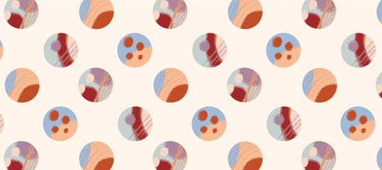 Fototapeta premium Seamless Pattern with Abstract Hand Drawn Circles. Soft Muted Earth Tones, Organic Brush Texture, Geometric Layout on Light Background. Vector Illustration for Textile, Decor, Stationery