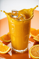 Refreshing Splash of Orange Juice with Ice Cubes in Bright Summery Ambiance