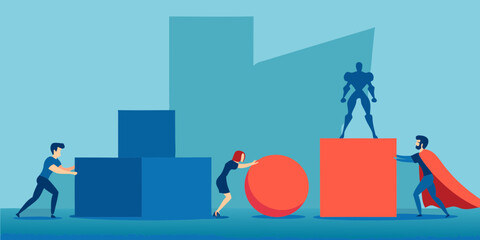 Diverse team members collaborate to build success with geometric shapes and a superhero figure symbolizing achievement