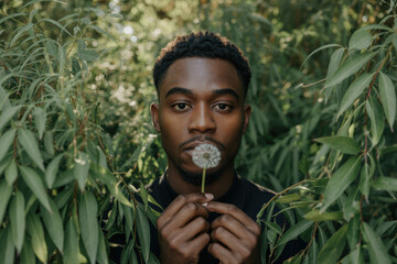 Serene Young Man Holding a Dandelion Among Lush Greenery in Soft Natural Light