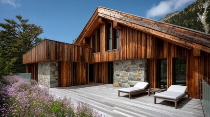Fototapeta premium Elegant modern residential building with natural stone and wood materials,