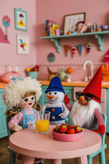 Playful Gathering of Colorful Dolls with Refreshing Orange Juice and Fresh Strawberries in Cozy Kitchen Setting