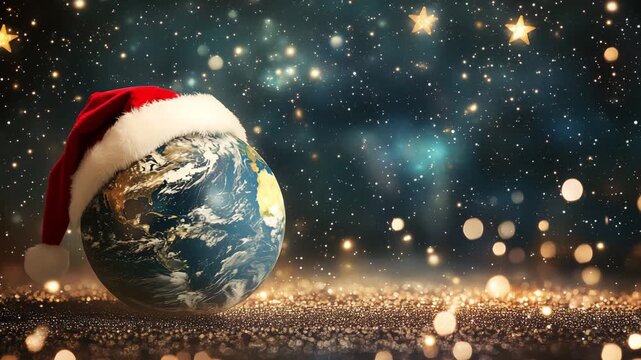 A world globe adorned with a Santa hat spins amidst a sparkling winter background, capturing the spirit of the holiday season