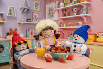 Joyful Playtime with Adorable Doll Friends Sharing Strawberries and Orange Juice in Bright Playroom