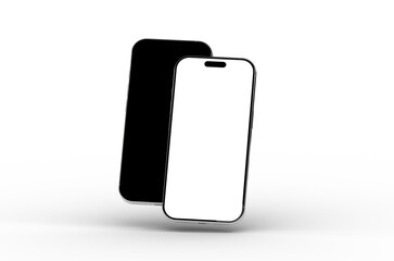High-quality 3D render of two smartphones, one with a black screen and the other with a white screen. Perfect for app presentations or technology concepts.