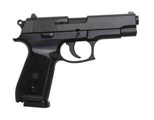A sleek, modern handgun with a matte black finish, showcasing its detailed design and ergonomic grip features.