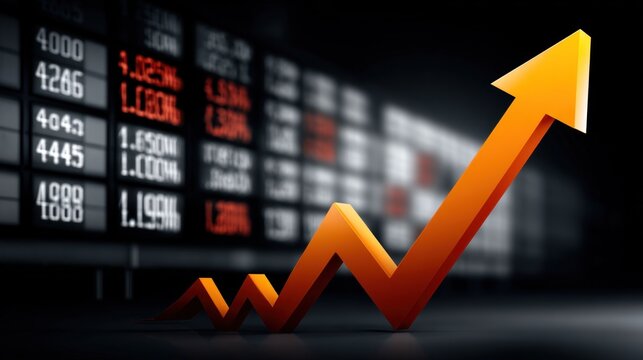 bright orange arrow rises sharply, symbolizing growth in market trends. Background displays numbers related to stock performance, highlighting a successful financial day