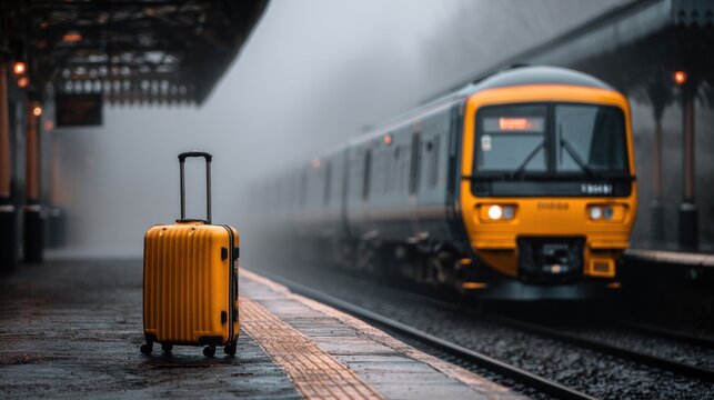bright yellow suitcase stands on a damp train platform. train arrives in the background, partly hidden by fog, creating an atmosphere of early morning travel and anticipation