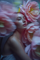 Dreamy Portrait of a Young Woman Surrounded by Soft Pink Flowers in Artistic Motion Blur