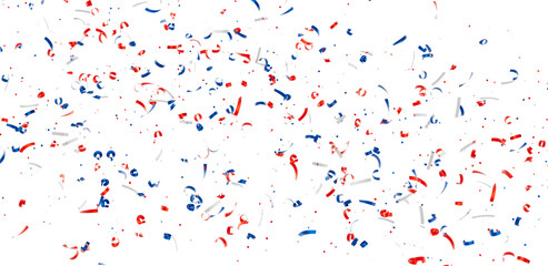 Falling confetti, red, white, and blue ribbons. Perfect for celebratory backgrounds.