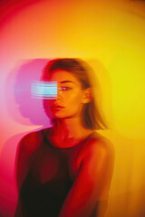 Dynamic Portrait of a Young Woman with Colorful Light Trails in Vibrant Orange and Yellow Hues