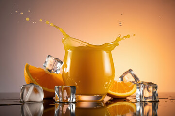 Refreshing Orange Juice Splash with Ice Cubes and Citrus Slices in Vibrant Sunset Glow
