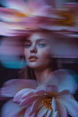 Ethereal Portrait of a Young Woman Surrounded by Dreamy Pink Lotus Flowers in Soft Focus