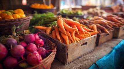 A beautiful, close-up shot of a variety of fresh produce at a farmers market. Wooden crates overflow with bright orange carrots and vibrant red radishes