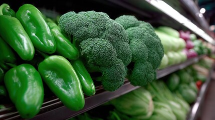 Bright green vegetables such as broccoli and peppers are neatly arranged on shelves in a grocery store. scene captures the vibrant colors and freshness of produce in the afternoon light