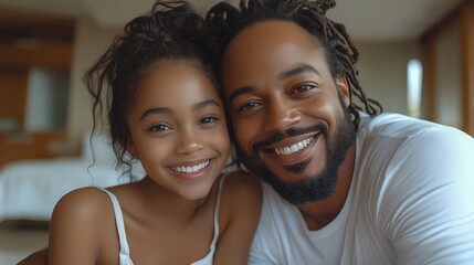 A close-up, joyful portrait of a father and his young daughter smiling warmly at the camera. Their happy expressions and the soft, natural light create a sense of warmth and family connection
