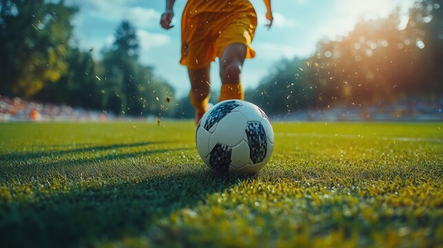 A dynamic, low-angle shot captures a soccer player's legs in motion, preparing for a penalty kick. The focus is sharp on the soccer ball and the green grass