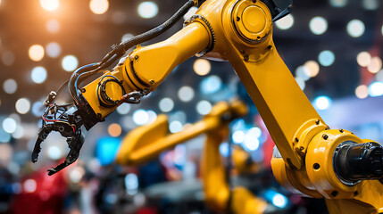 Yellow industrial robotic arm with articulated joints and gripper in a brightly lit exhibition setting