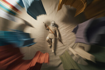 Dynamic Battle Scene with Abstract Colorful Fabric Surrounding a Figurine Warrior in Action-Ready Pose