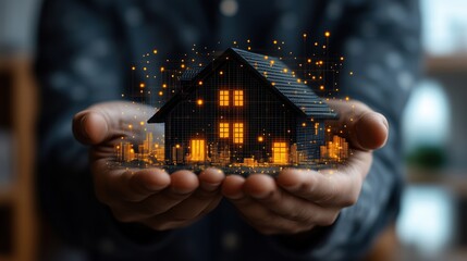 A businessman holds a glowing, virtual model of a house in his hands, representing real estate investment and the smart home technology of the future