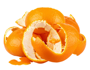 Firefly_Pile of freshly peeled bright orange citrus fruit skins with white pith isolated on a
