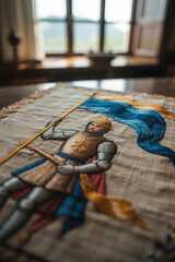 Exquisite Hand-Embroidered Tapestry of a Knight Holding a Banner with Vibrant Blue and Gold Detailing in a Sunlit Room