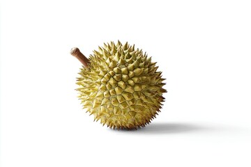 Durian Fruit with Spiky Green Exterior and Brown Stem on White Background