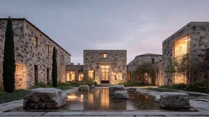 Obraz premium Twilight exterior of a modern rustic stone facade building with large illuminated windows, warm pathway lights,