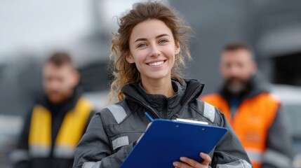 young woman wearing safety gear smiles while holding a clipboard, overseeing operations in an industrial area. Two men in safety vests assist behind her in this busy work environment
