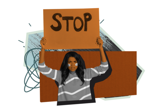 Collage image banner of confident woman standing for her equal rights raised hands holding banner isolated on drawing background