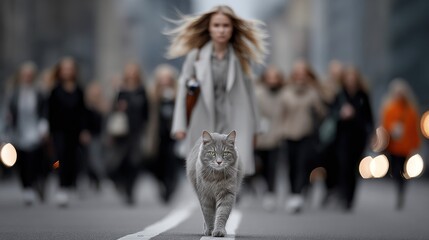 grey cat strolls down the center of a busy street, surrounded by numerous people walking in the background. scene captures a bustling city life where the cat stands out
