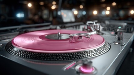 vibrant pink vinyl record spins on a sleek turntable in a dynamic music venue. warm lights reflect the energy of the night, creating an inviting atmosphere for music lovers