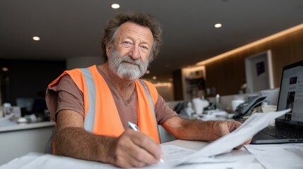 construction worker sits at a desk surrounded by papers and a laptop. He is focused on reviewing documents while wearing a safety vest and enjoying the sunny workday